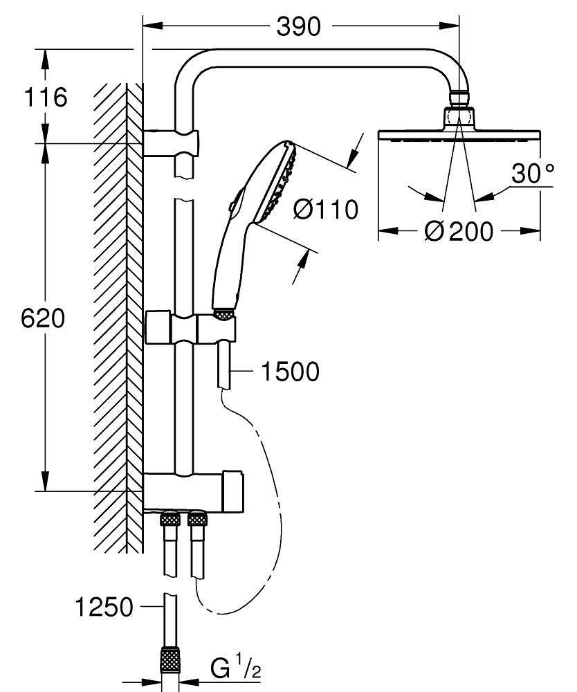 Grohe New Tempesta Sistem 200 Duvar Bağlantılı, Divertörlü Duş Sistemi Krom - 27389003 teknik çizim