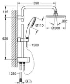 Grohe New Tempesta Sistem 200 Duvar Bağlantılı, Divertörlü Duş Sistemi Krom - 27389003 teknik çizim