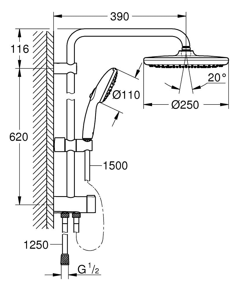 Grohe Tempesta System 250 Duvar Bağlantılı, Divertörlü Duş Sistemi Mat Siyah - 269802431 teknik çizim