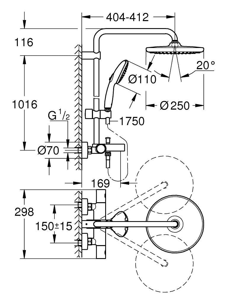 Grohe Tempesta System 250 Cube Duvara Monte Termostatik Bataryalı Duş Sistemi - 26978001 teknik çizim