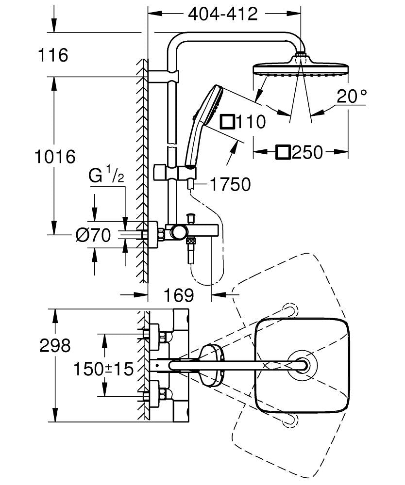 Grohe Tempesta System 250 Cube Duvara Monte Termostatik Bataryalı Duş Sistemi - 26975001 teknik çizim