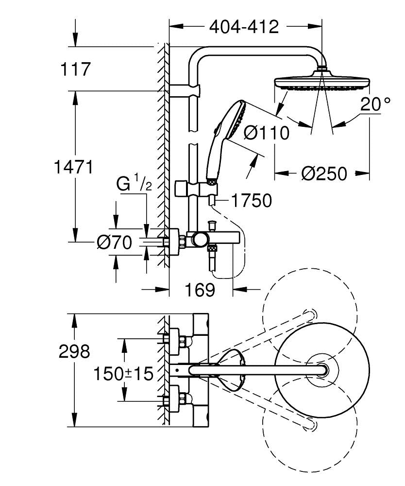 Grohe Tempesta System 250 Duvara Monte Termostatik Bataryalı Duş Sistemi - 26672001 teknik çizim