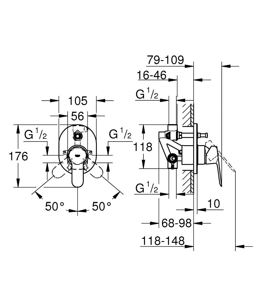 Grohe BauEdge Ankastre Banyo Duş Bataryası - 29039000 teknik çizim