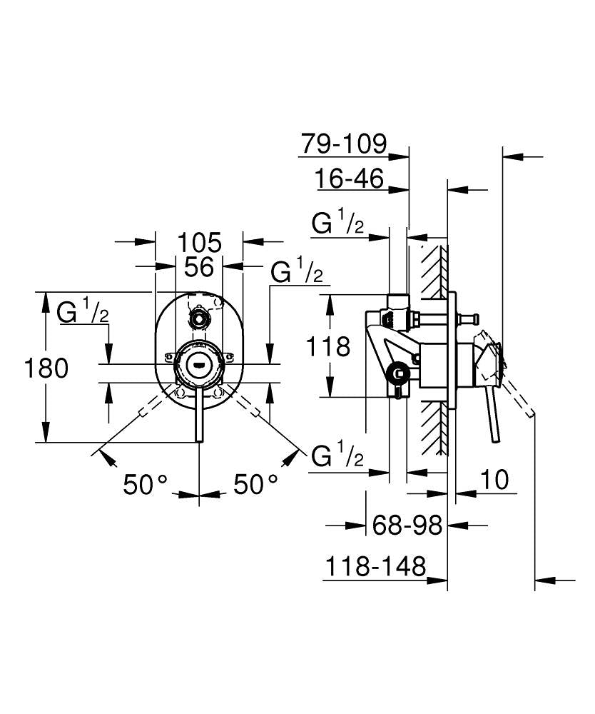 Grohe BauClassic Ankastre Banyo Duş Bataryası - 29047000 teknik çizim