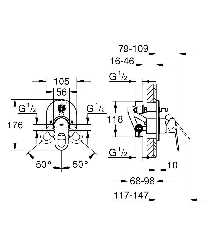 Grohe Bau Loop Ankastre Banyo/Duş Bataryası - 29041000 teknik çizim