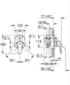 Grohe Bauedge Tek Kumandalı Banyo Bataryası 29039001 teknik çizim