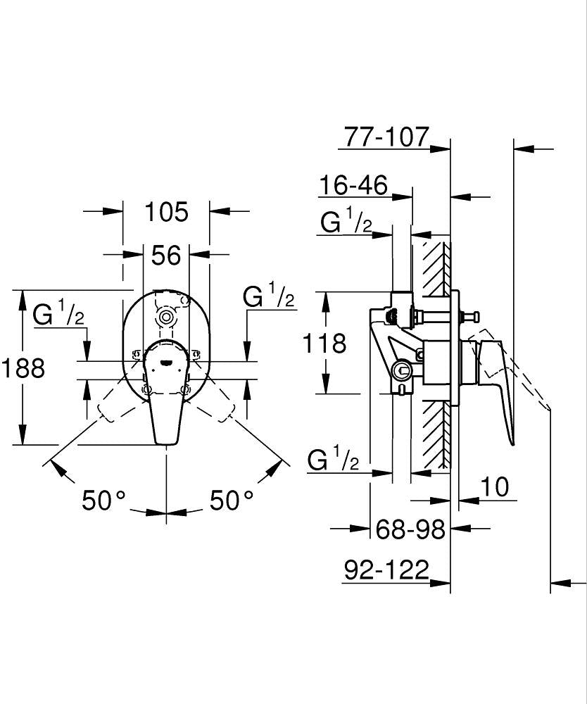 Grohe Bauedge Tek Kumandalı Banyo Bataryası 29039001 teknik çizim
