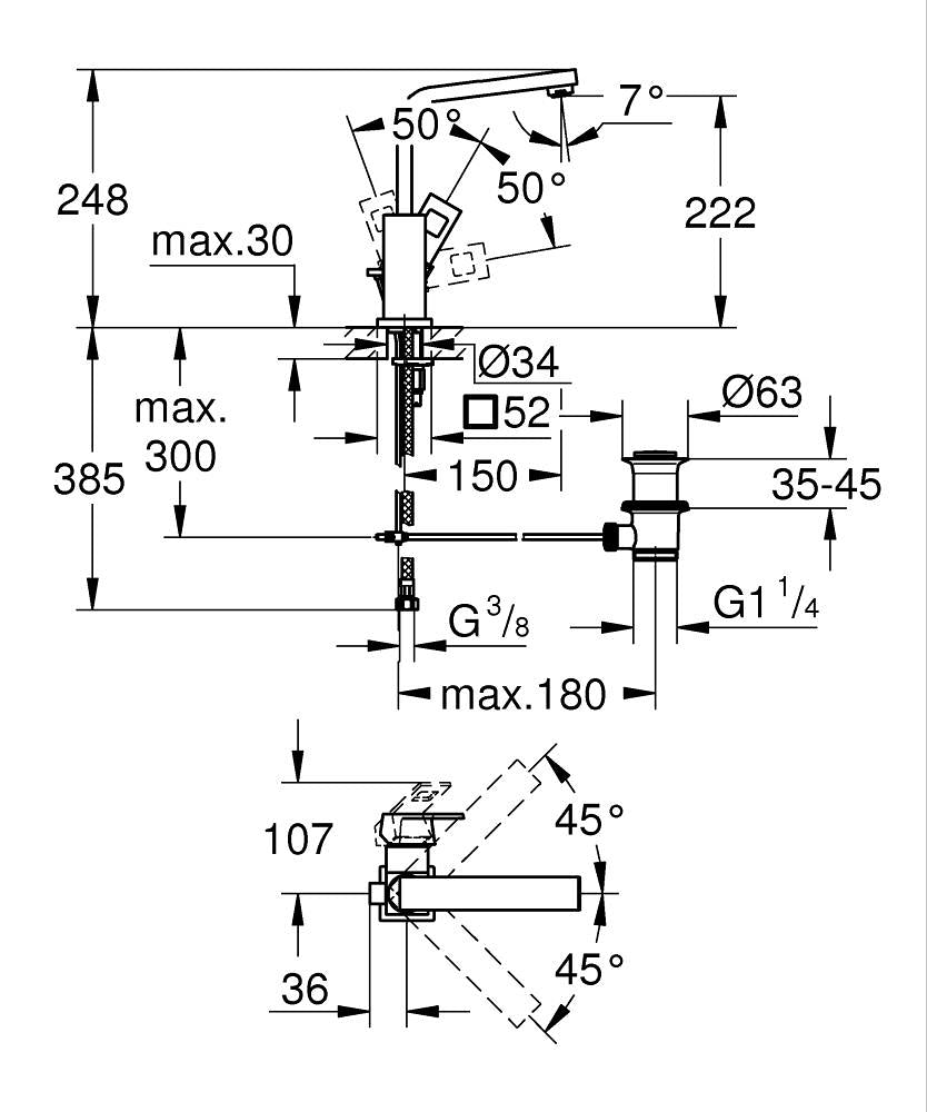 Grohe Lavabo Bataryası Eurocube L-Boyut Krom - 2313500E teknik çizim