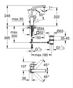 Grohe Lavabo Bataryası Eurocube L-Boyut Krom - 2313500E teknik çizim