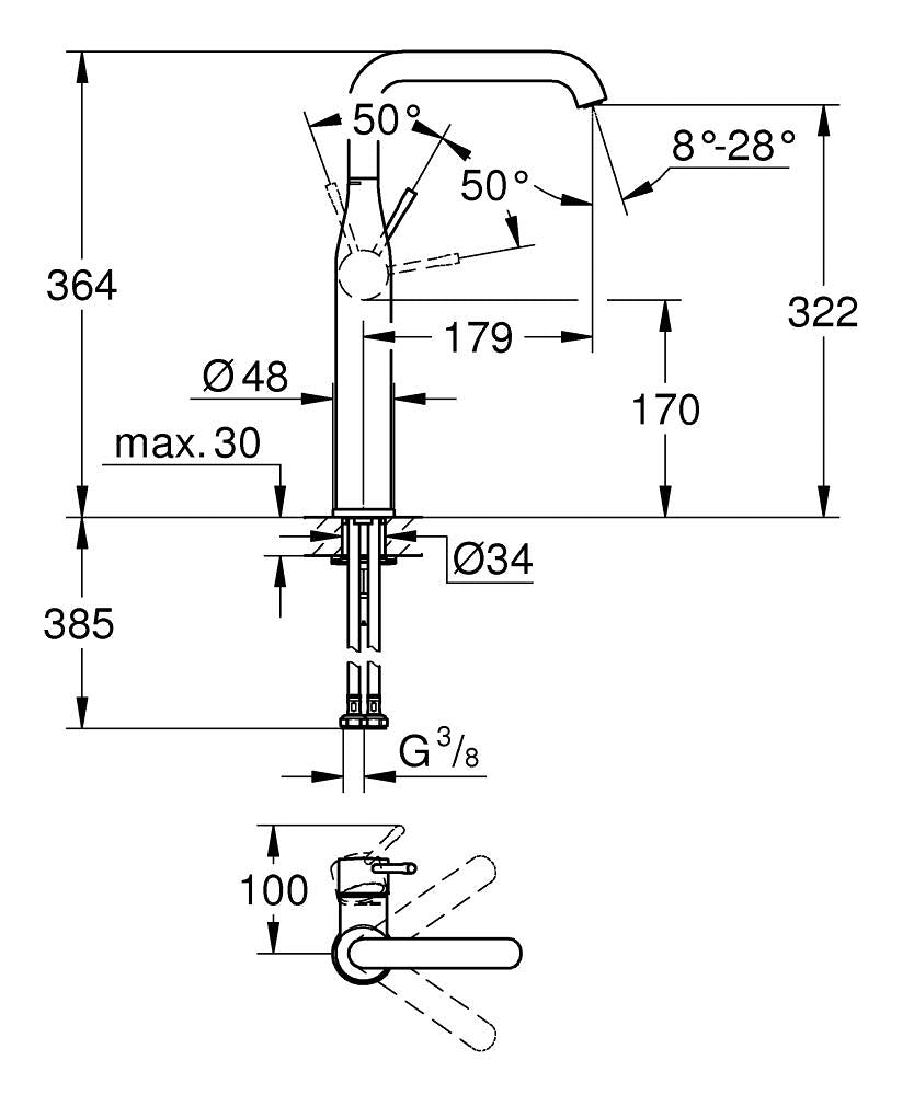 Grohe Essence Tek Kumandalı Lavabo Bataryası Xl-Boyut Hard Graphite - 32901A01 teknik çizim