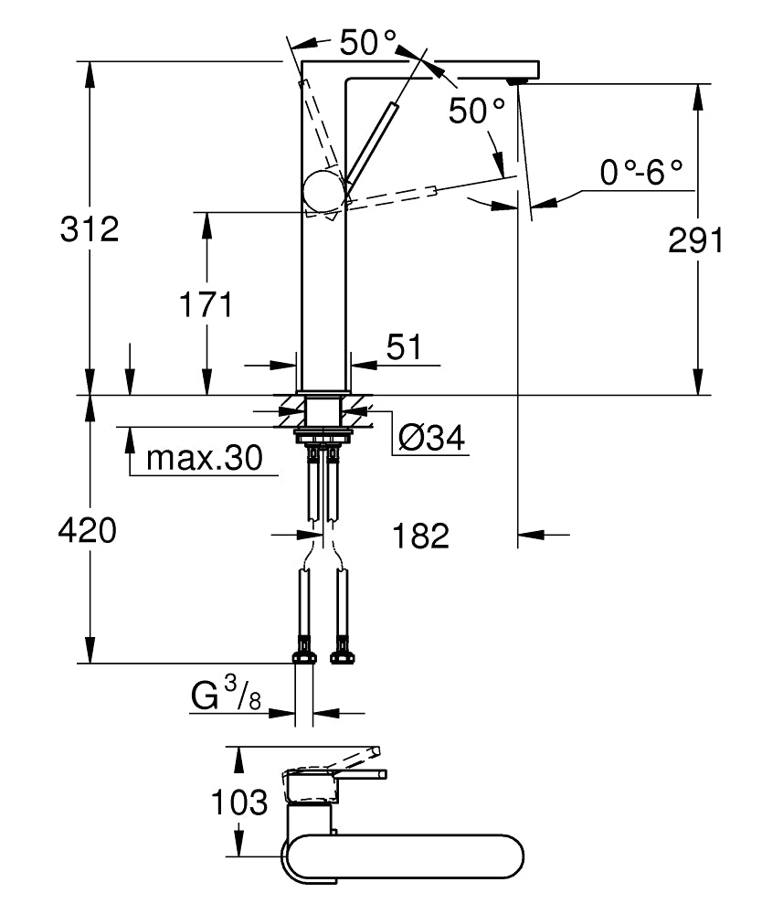Grohe Çanak Lavabo Bataryası Plus XL Boyut Krom - 32618003 teknik çizim
