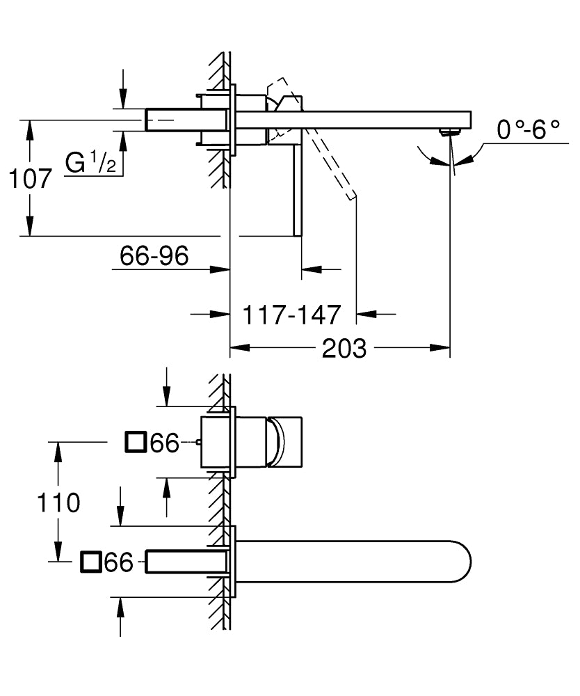 Grohe Lavabo Bataryası 2 Delikli Duvardan  Plus Krom - 29306003 teknik çizim