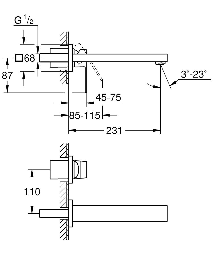 Grohe Eurocube İki Delikli Duvardan Lavabo Bataryası M-Boyut - 23447000 teknik çizim