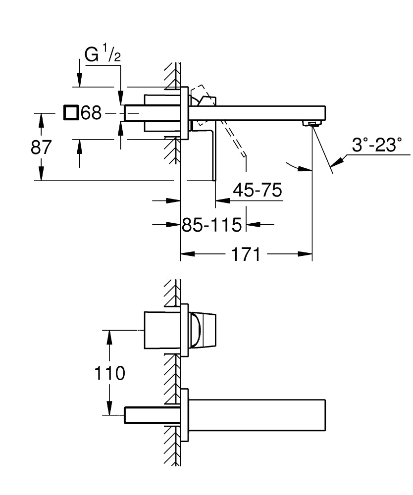 Grohe Eurocube İki Delikli Duvardan Lavabo Bataryası - 19895000 teknik çizim
