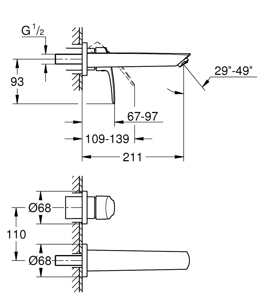 Grohe Eurosmart İki Delikli Lavabo Bataryası M-Boyut - 29338003 teknik çizim