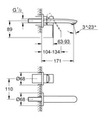 Grohe Eurostyle Cosmopolitan İki Delikli Duvardan Lavabo Bataryası - 19571002 teknik çizim