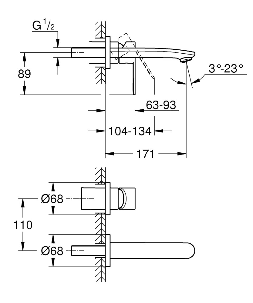 Grohe Eurostyle Cosmopolitan İki Delikli Duvardan Lavabo Bataryası - 19571002 teknik çizim