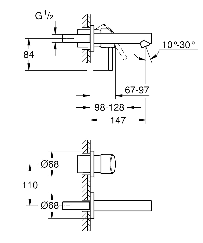 Grohe Concetto İki Delikli Duvardan Lavabo Bataryası - 19575001 teknik çizim