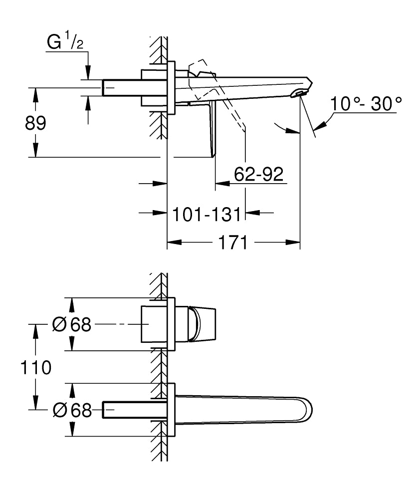 Grohe Eurodisc Cosmopolitan İki Delikli Duvardan Lavabo Bataryası - 19573002 teknik çizim