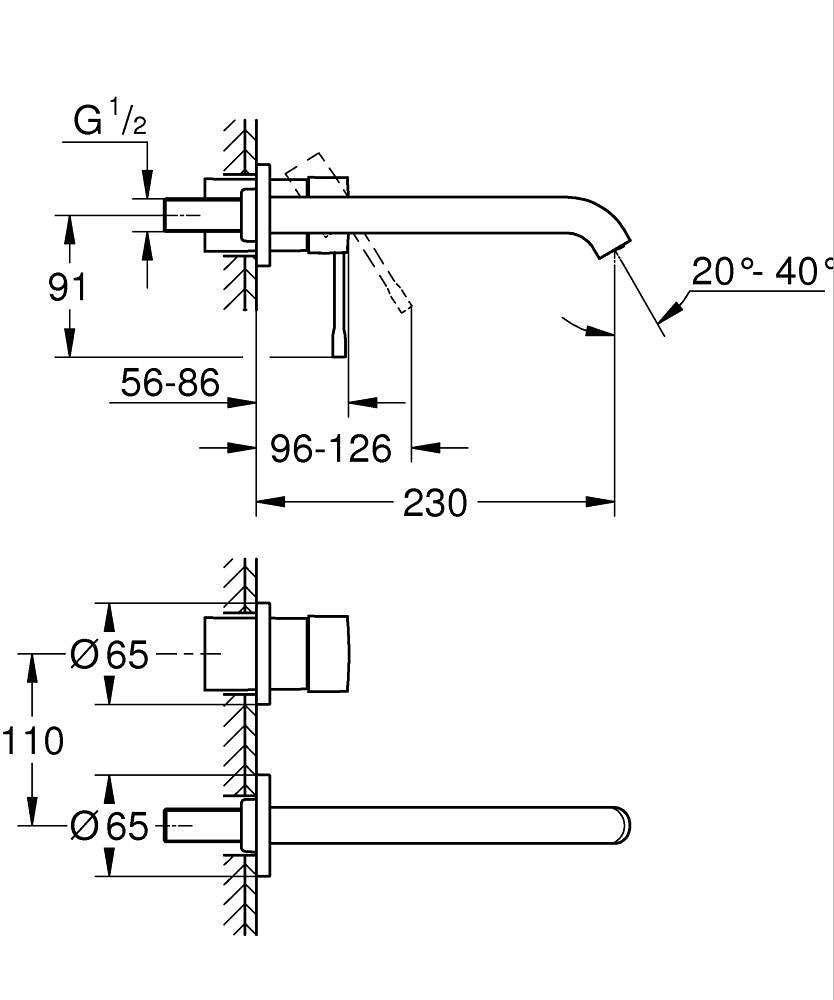 Grohe Essence İki Delikli Lavabo Bataryası L-Boyut Hard Graphite - 19967A01 teknik çizim