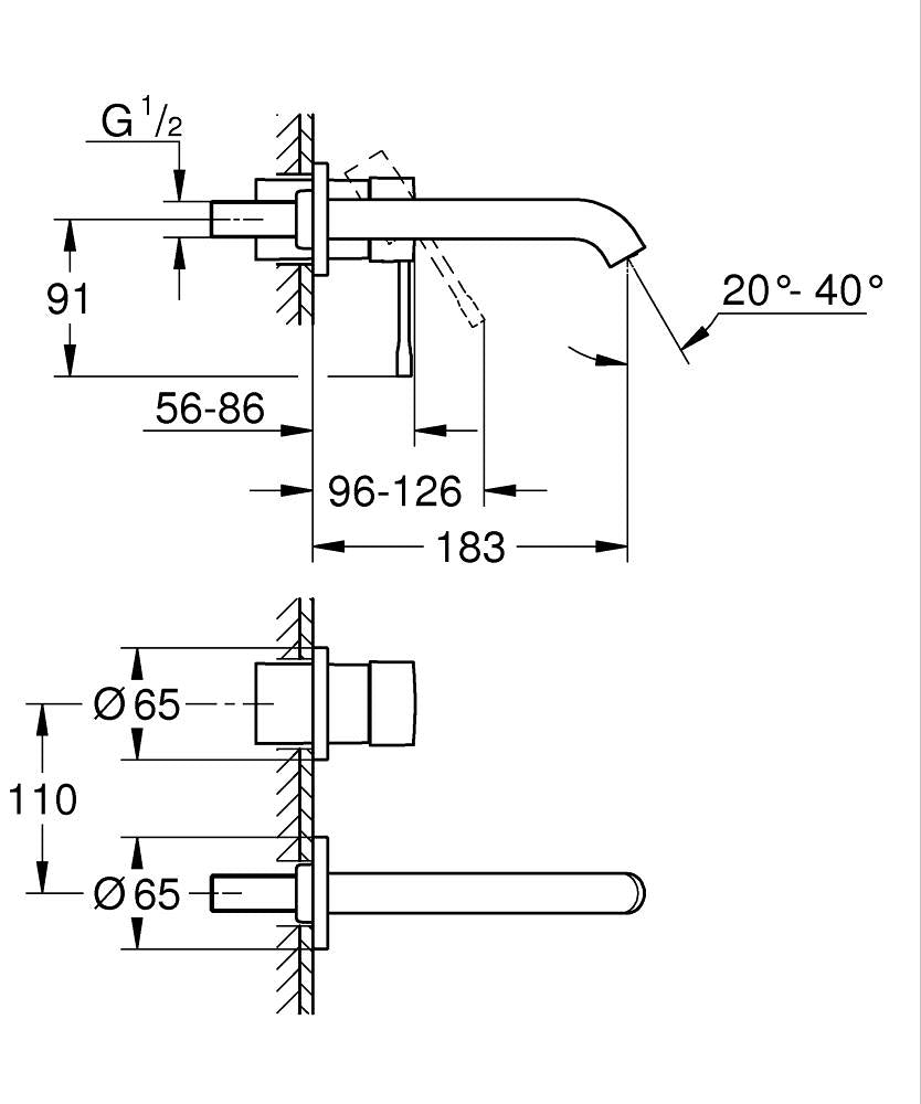 Grohe Essence Lavabo Bataryası İki Delikli Hard Graphite - 19408A01 teknik çizim