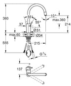 Grohe Eviye Bataryası Spiralli Tek Akış Concetto Krom - 32663003 teknik çizim