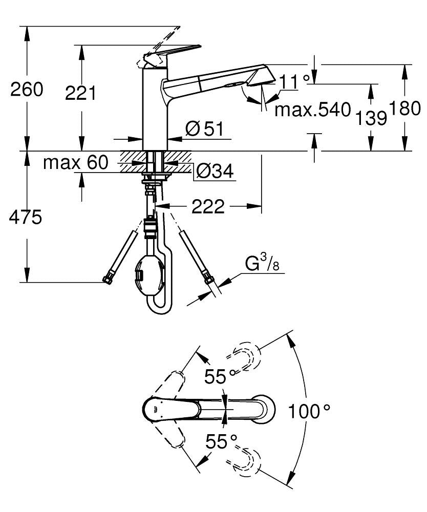 Grohe Eviye Bataryası Spiralli 2 Fonk. Eurodisc Krom - 32257002 teknik çizim