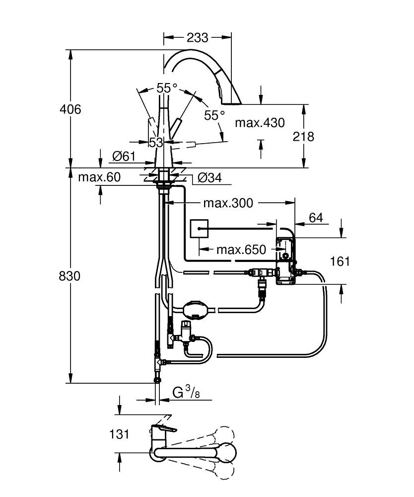 Grohe Dokunmatik Touch Eviye Bataryası Zedra  Krom - 30219002 teknik çizim