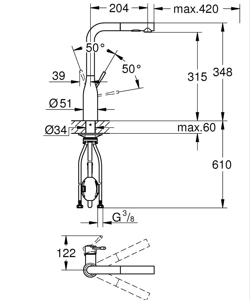 Grohe Eviye Bataryası Spiralli 2 Fonk. Essence Krom - 30270000 teknik çizim