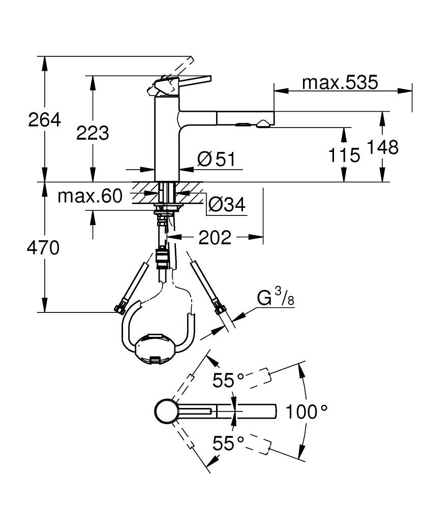 Grohe Eviye Bataryası Spiralli 2 Fonksiyonlu Krom- 30273001 teknik çizim