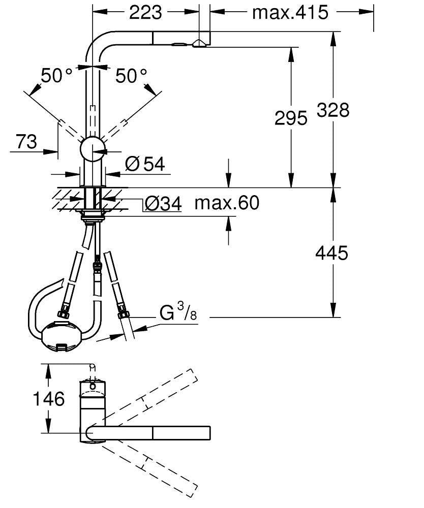 Grohe Minta Tek Kumandalı Eviye Bataryası Hard Graphite - 30274A00 teknik çizim