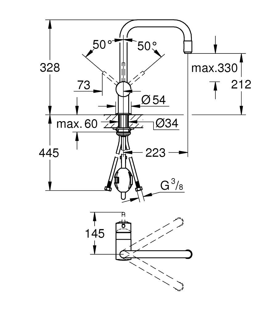 Grohe Eviye Bataryası Spiralli Tek Akışlı Minta Krom - 32067000 teknik çizim