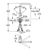 Grohe Eviye Bataryası Spiralli Tek Akışlı Minta Krom - 32067000 teknik çizim