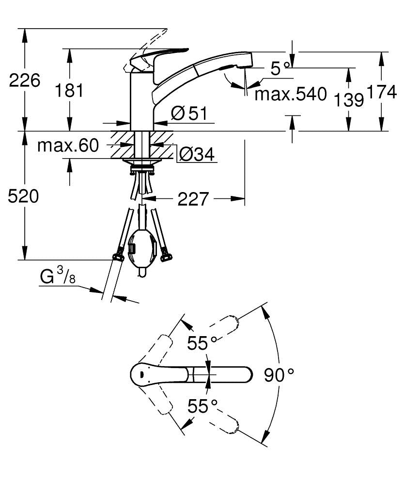 Grohe Eurosmart Tek Kumandalı Eviye Bataryası - 30305001 teknik çizim
