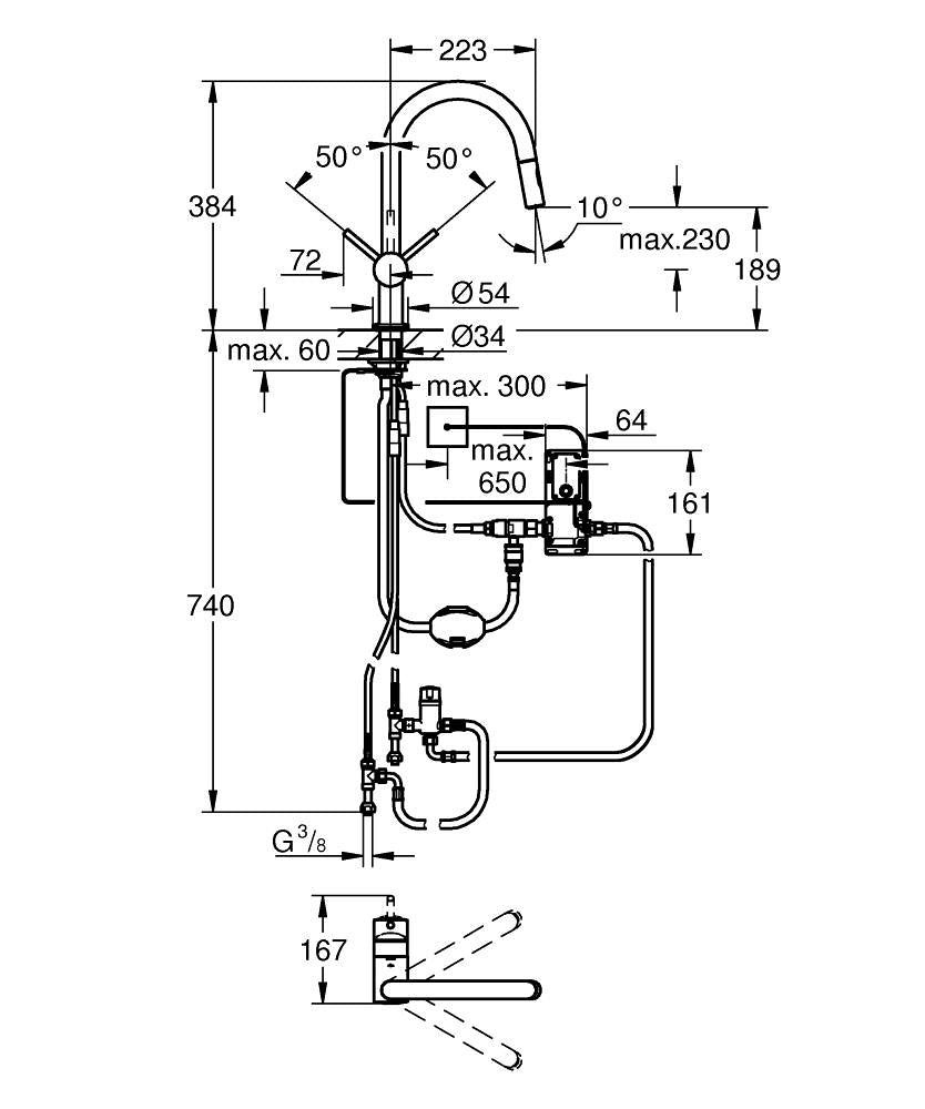 Grohe Minta Touch Elektronik Dokunmatik Evye Bataryası- 31358002 teknik çizim