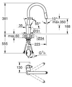 Grohe Eviye Bataryası Spiralli 2 Fonk. EuroCosmo  Krom- 31481001 teknik çizim
