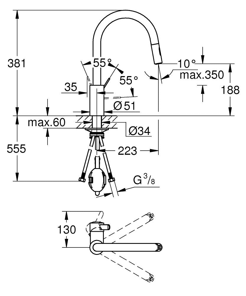 Grohe Eviye Bataryası Spiralli 2 Fonk. EuroCosmo  Krom- 31481001 teknik çizim