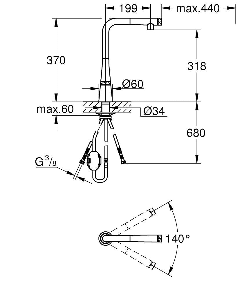 Grohe Eviye Bataryası Spiralli SmartControl Zedra Krom - 31593002 teknik çizim