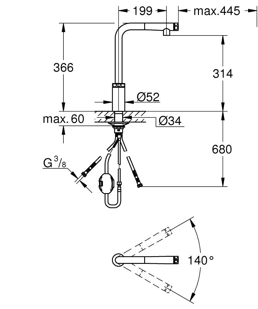 Grohe Eviye Bataryası Spiralli SmartControl Minta Krom - 31613000 teknik çizim