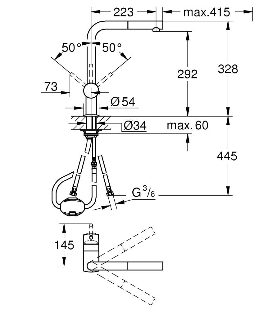 Grohe Eviye Bataryası Spiralli Tek Akış Minta Super Steel - 32168DC0 teknik çizim