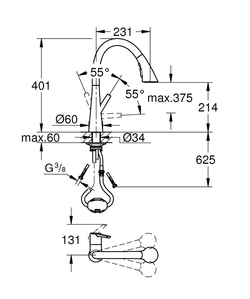 Grohe Eviye Bataryası Spiralli 2 Fonksiyonlu Zedra Krom- 32294002 teknik çizim