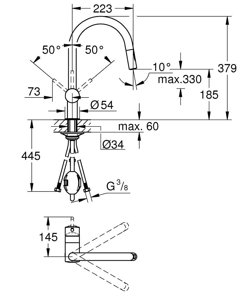 Grohe Minta Tek Kollu Eviye Bataryası 1/2 teknik çizim