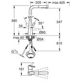 Grohe Eviye Bataryası Spiralli 2 Fonksiyonlu Zedra Krom - 32553002 teknik çizim