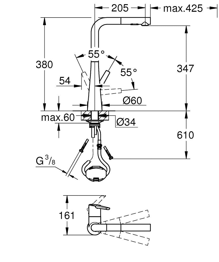 Grohe Eviye Bataryası Spiralli 2 Fonksiyonlu Zedra Krom - 32553002 teknik çizim