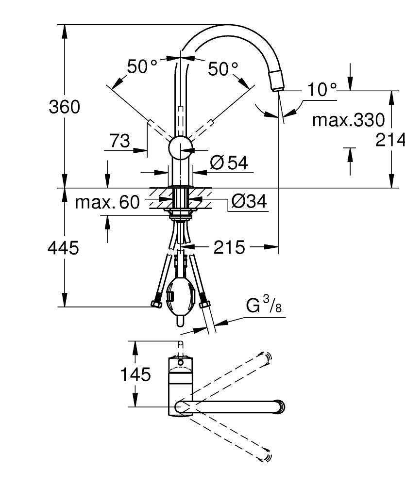 Grohe Eviye Bataryası Spiralli Tek Akışlı Minta Krom - 3291800E teknik çizim