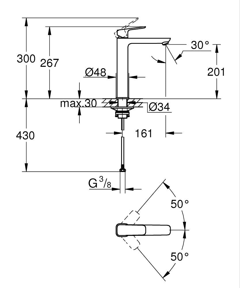 Grohe Lavabo Bataryası Cubeo XL-Boyut Mat Siyah – 1017292430 teknik çizim