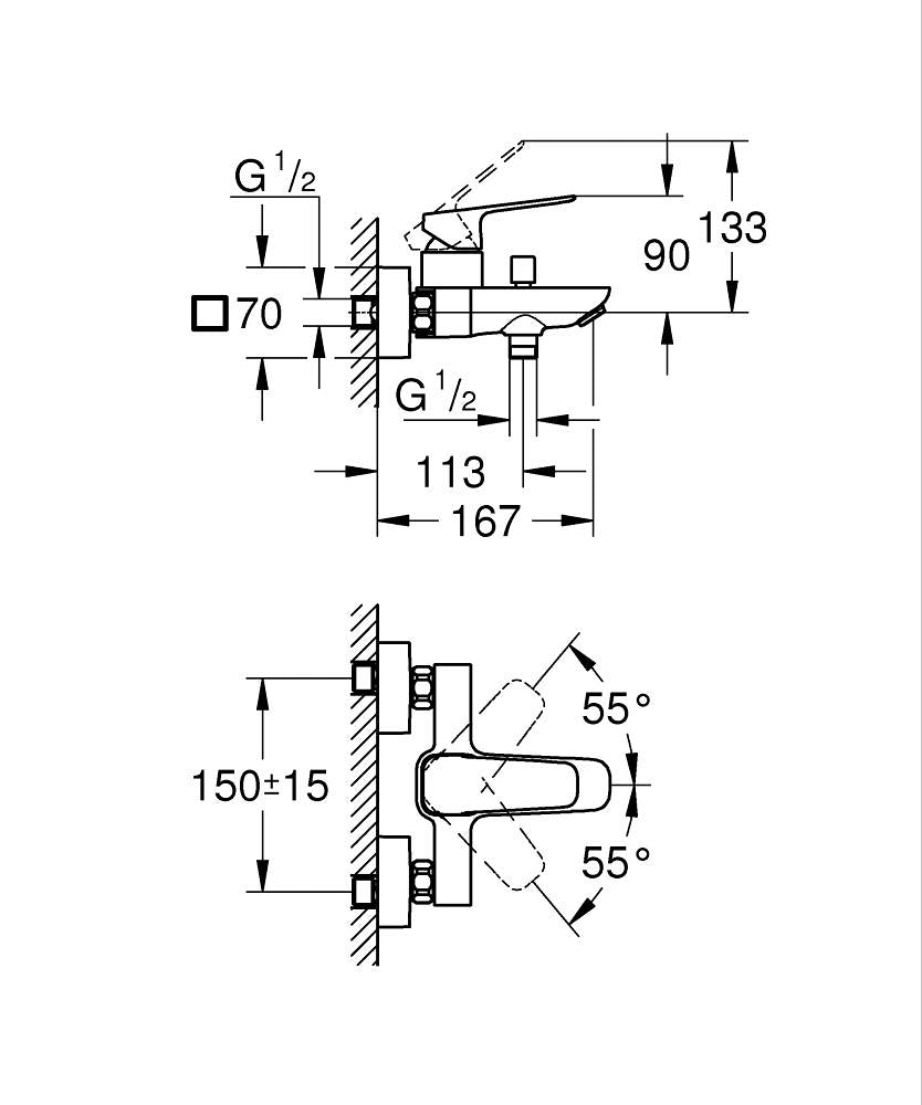 Grohe Cubeo Banyo Bataryası Krom - 1018130000 teknik çizim