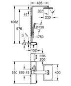 Grohe Rainshower Aqua Pure Duvara Monte Termostatik Bataryalı Duş Sistemi Krom - 1009610000 teknik çizim