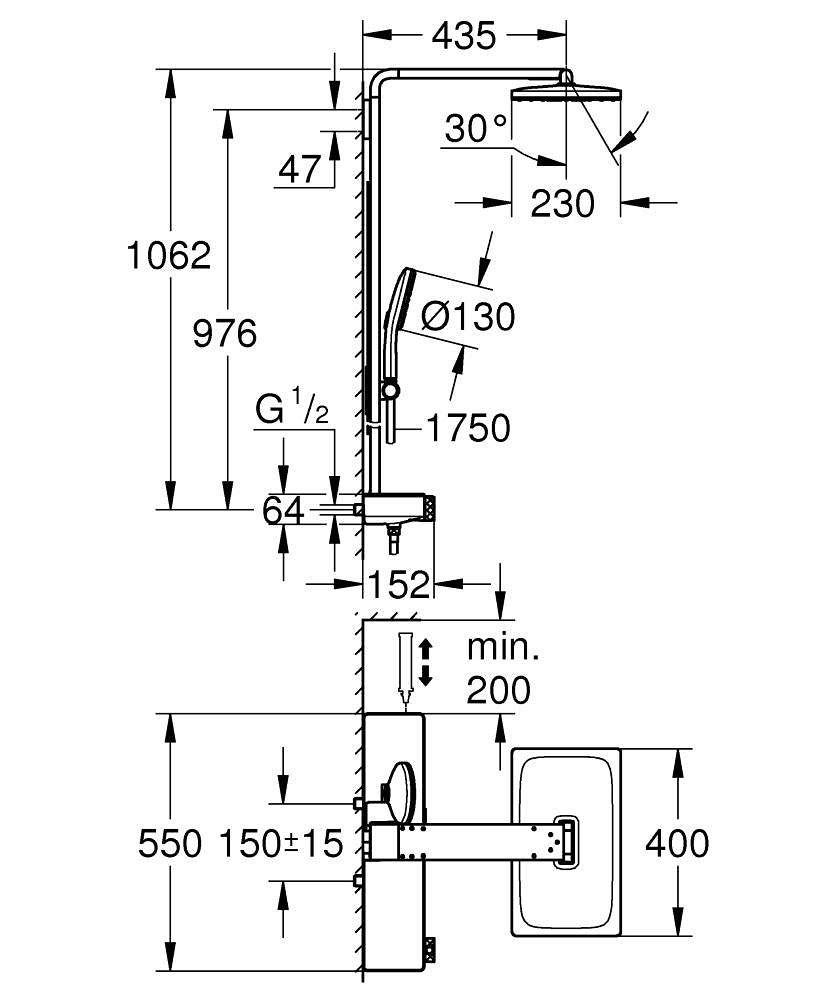 Grohe Rainshower Aqua Pure Duvara Monte Termostatik Bataryalı Duş Sistemi Krom - 1009610000 teknik çizim