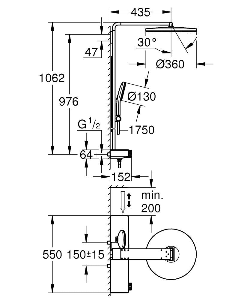 Grohe Rainshower Aqua Pure Duvara Monte Termostatik Bataryalı Duş Sistemi Krom - 1009640000 teknik çizim